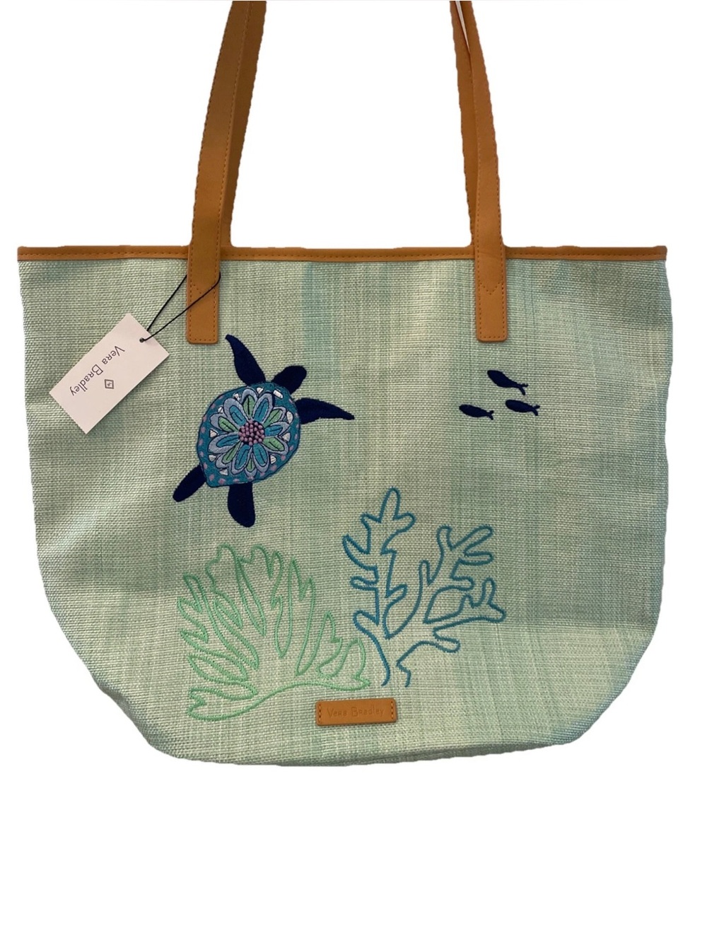 NWT Vera Bradley Embroidered Turtle Dream Straw Bucket Tote 13X17 Zip Beach Bag